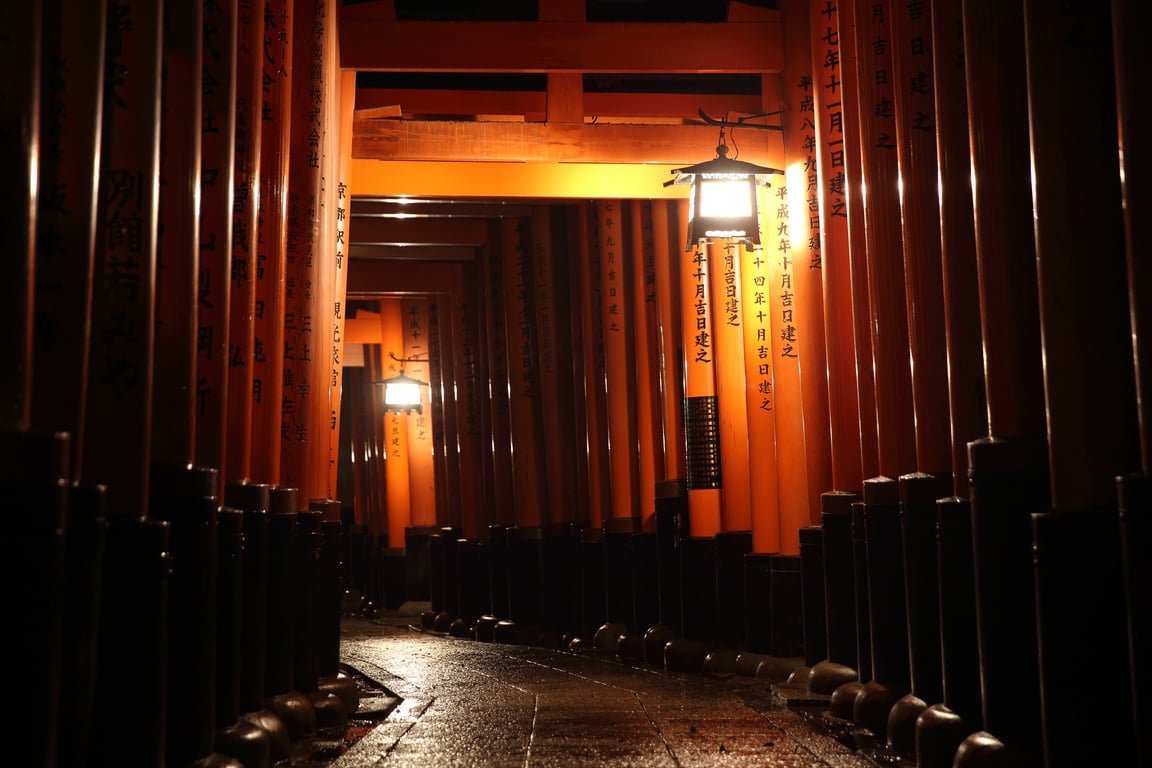 Tori Gates in Fushimi Inari Shrine at Night